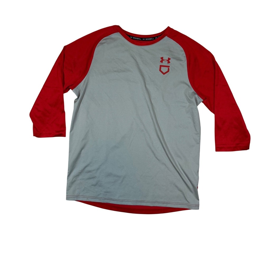 Under Armour Baseball Raglan 3/4 Sleeve Shirt Boys Youth XL Gray Red Activewear